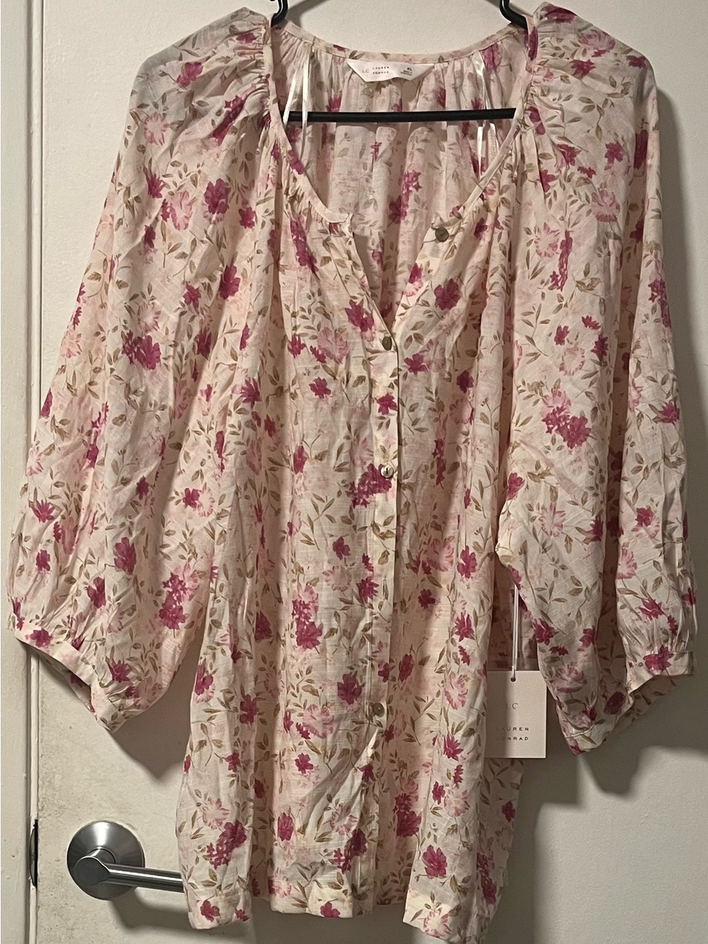 LC Lauren Conrad Cream Blouse with Pink Floral Print and Gold Buttons